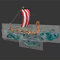 Viking Wooden Ship With Red And White Striped Sail And Dragon Head On Blue Waves With Reflection