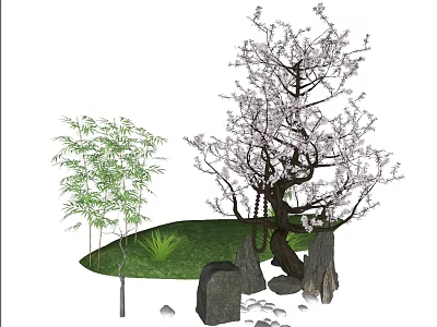Garden Ornament Featuring Bamboo Cherry Blossom Tree Rocks and Green Grass 3d model