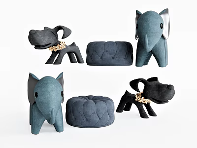 Cute Animal Shaped Stools With Elephant Dog Designs Gray Black And Gold Collar Decor 3d model