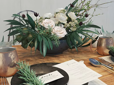 Elegant Tableware Set with Copper Mugs Black Plates Rosemary and Floral Arrangement on Wooden Table 3d model