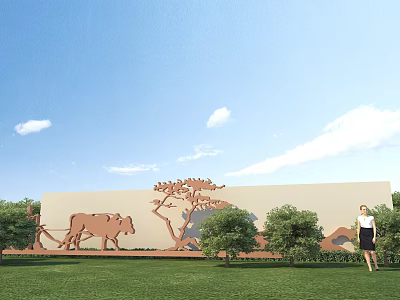 Scenic Rural Landscape Featuring Ox Pulling Plow Wall Carving Trees Grassland And Blue Sky 3d model
