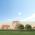 Scenic Rural Landscape Featuring Ox Pulling Plow Wall Carving Trees Grassland And Blue Sky