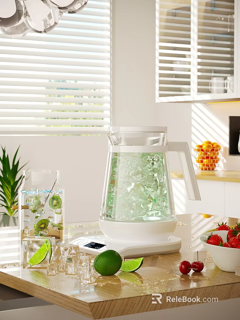 Transparent Glass Pitcher With Ice Cubes On White Base In Modern Kitchen 3d model 