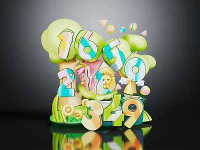 Vibrant Number Display With Green Cloud Shapes Colorful Balls And Yellow Lion 3d model