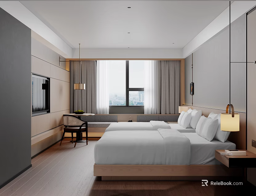 Modern Hotel Guest Room Interior With Double Beds White Bedding And Large Window 3d model 