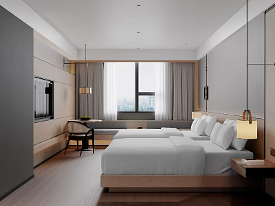 Modern Hotel Guest Room Interior With Double Beds White Bedding And Large Window 3d model