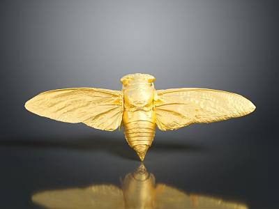 Golden Bee Shiny Metallic Sculpture With Detailed Wings And Body On Dark Reflective Surface 3d model