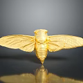 Golden Bee Shiny Metallic Sculpture With Detailed Wings And Body On Dark Reflective Surface