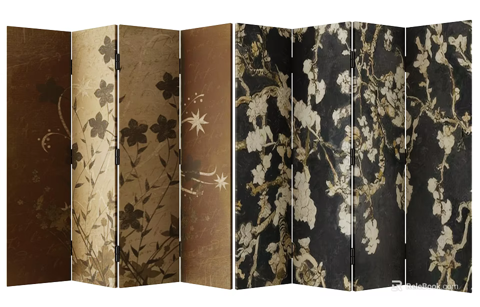 Vintage Folding Screen with White Floral Prints on Brown and Black Panels for Home Decor 3d model 