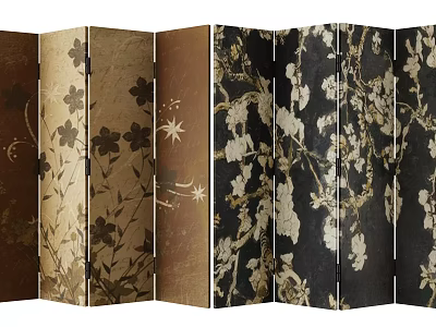 Vintage Folding Screen with White Floral Prints on Brown and Black Panels for Home Decor 3d model
