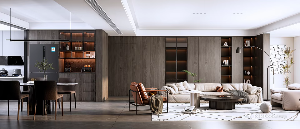 Modern Living Dining Room Interior With Wooden Walls Sofa Armchair Coffee Table Rug And Shelves 3d model 