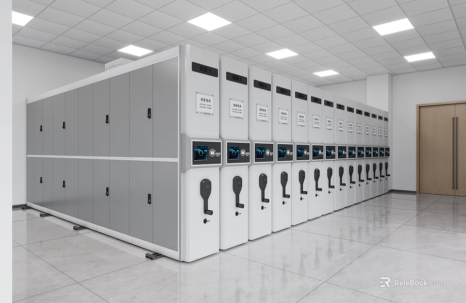 Modern Compact Storage Racks In Office Interior With Ceiling Lights 3d model 