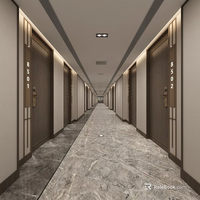 Long Modern Hotel Corridor With Marble Floor And Room Doors 3d model 