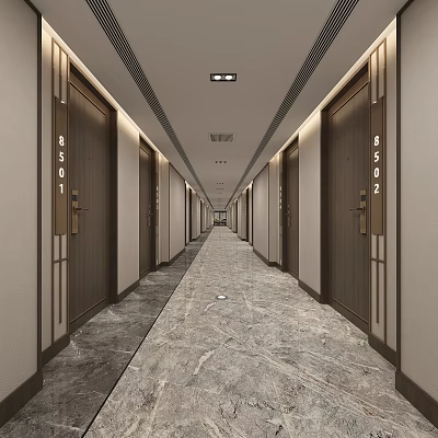 Long Modern Hotel Corridor With Marble Floor And Room Doors 3d model