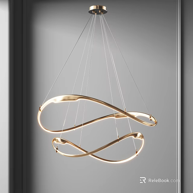 Modern Golden Twisted Ring Chandelier Hanging In Minimalist Interior Space 3d model 