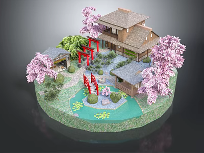 Traditional Japanese Architecture Garden With Cherry Blossom Trees Red Torii Gates Stone Pond And Greenery 3d model