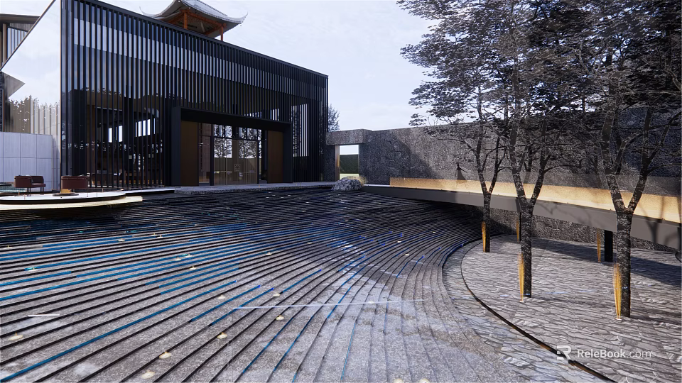 Garden Landscape Design Featuring Curved Stone Pathway Trees And Modern Architecture 3d model 