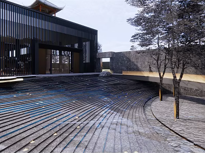 Garden Landscape Design Featuring Curved Stone Pathway Trees And Modern Architecture 3d model