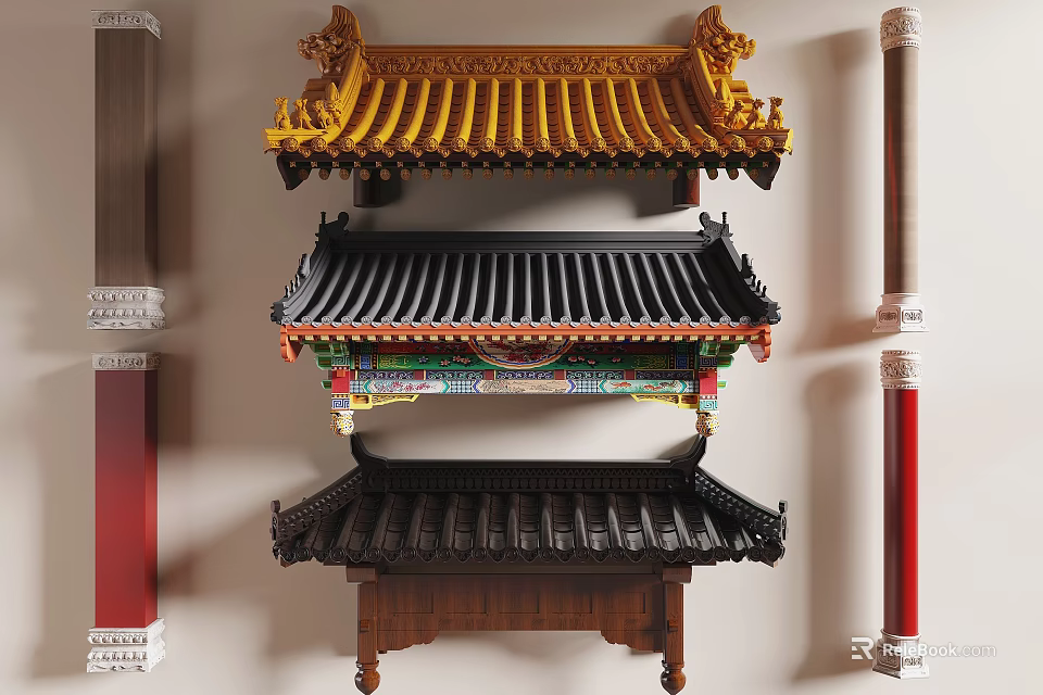 Traditional Chinese Architectural Components With Decorative Eaves Yellow Black Roof Tiles And Colored Columns 3d model 
