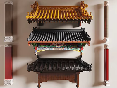 Traditional Chinese Architectural Components With Decorative Eaves Yellow Black Roof Tiles And Colored Columns 3d model