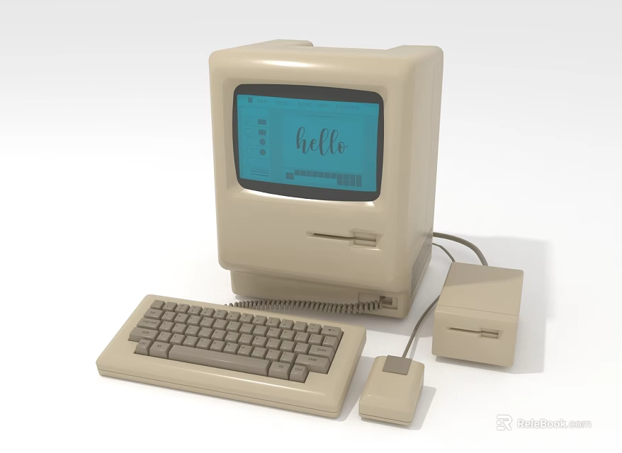 Vintage Computer With Monitor Keyboard Mouse And Floppy Disk Drive Showing Hello Text 3d model 
