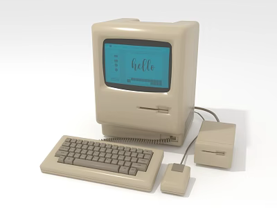 Vintage Computer With Monitor Keyboard Mouse And Floppy Disk Drive Showing Hello Text 3d model