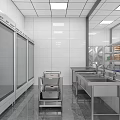 Commercial Kitchen Interior With Stainless Steel Equipment Worktables Hood Tiled Floor And Bright Lighting