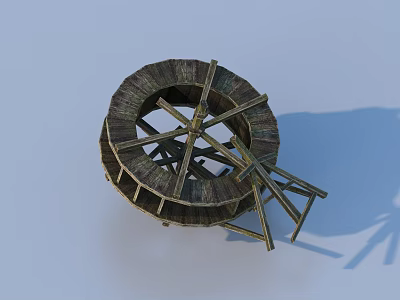 Wooden Waterwheel Decorative Garden Accessory With Spokes And Support Frame 3d model