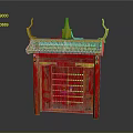 Traditional Chinese Red Entrance Gate With Green Tiled Roof And Golden Curved Eaves