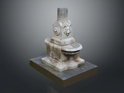 Vintage Stone Fountain With Ornate Lion Head Design And Pedestal Basin 3d model