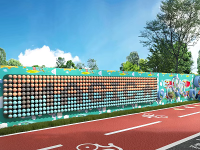 Green Building Exterior Wall With Circular Decorations Colorful Bicycle Patterns Trees And Blue Sky Background 3d model