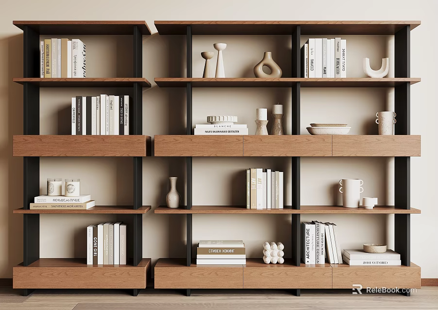 Wooden Shelving Unit With Multiple Shelves Books Decorative Vases And Mugs 3d model 