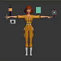 Red Haired Character With Extended Arms Orange Jumpsuit Microphone Camera Green Square Purple Device