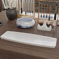 Stylish Jewelry Display On Wooden Table With Bamboo Stand And White Trays