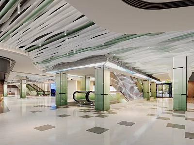 Modern Shopping Mall Lobby With Curved Ceiling Green Pillars Escalators And Polished Floor 3d model