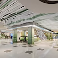 Modern Shopping Mall Lobby With Curved Ceiling Green Pillars Escalators And Polished Floor