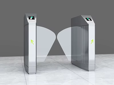 Modern Public Facility Turnstiles With Silver Body Transparent Barriers And Green Arrows 3d model