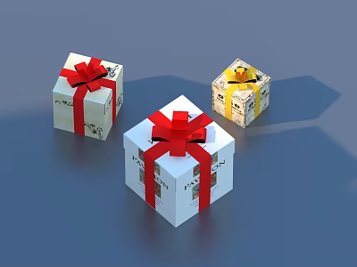 Decorative Gift Boxes With Red Yellow Ribbons And White Patterns For Home Use 3d model