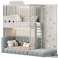 Children's Bunk Bed With Light Blue Gray Ladder Safety Railing Soft Mattress And Wall Decorations