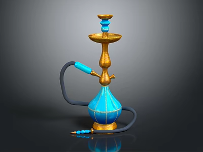 Blue And Gold Decorative Hookah With Black Hose And Vase Shaped Base 3d model