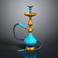 Blue And Gold Decorative Hookah With Black Hose And Vase Shaped Base