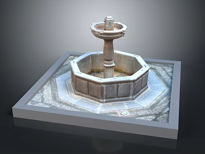 Decorative Stone Fountain With Octagonal Base And Multi Tiered Design On Square Platform 3d model
