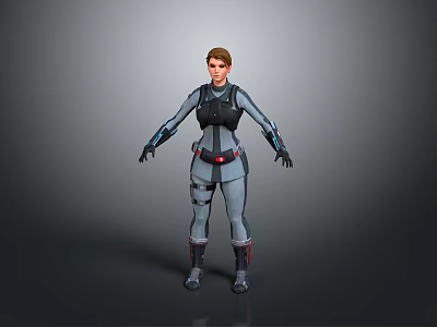 Futuristic Female Warrior Character in Armored Combat Suit Standing Against Gray Background 3d model