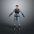 Futuristic Female Warrior Character in Armored Combat Suit Standing Against Gray Background