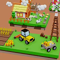 Cartoon Farm Scenes With Windmill Cottages Animals Tractor Barn Pond And Plants