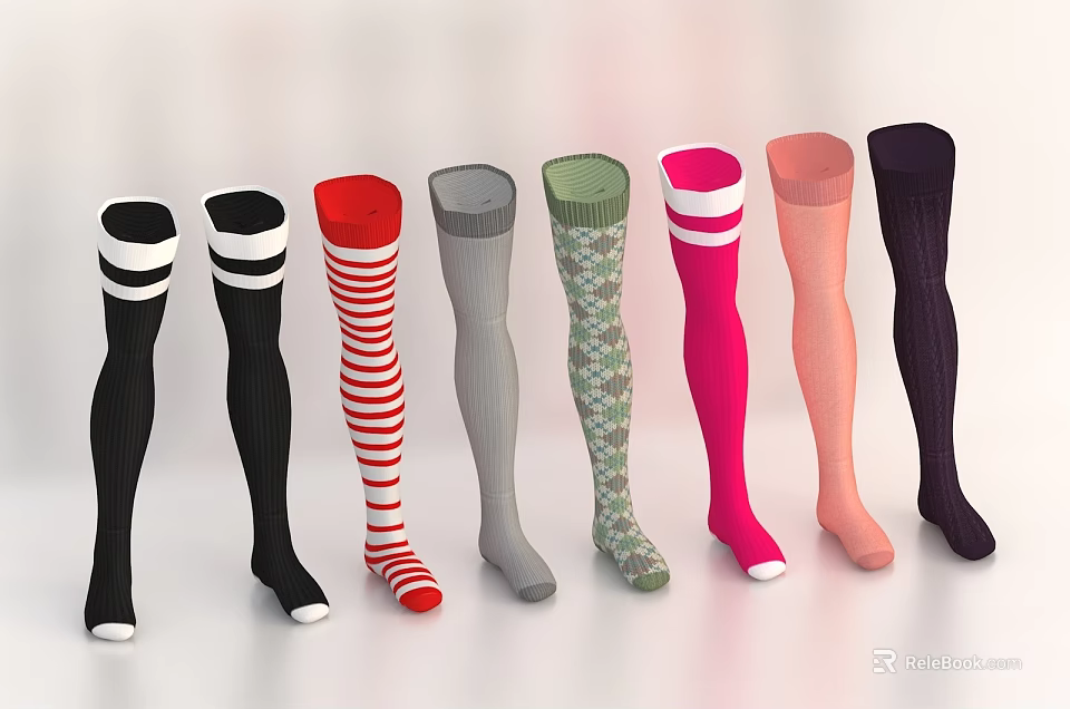 Colorful Knee High Socks In Various Patterns Including Striped And Geometric Designs 3d model