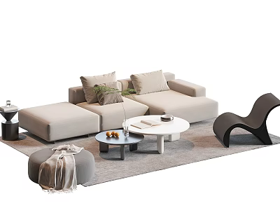 Modern Beige Sofa with Round Coffee Table Set and Black Chair on Rug 3d model