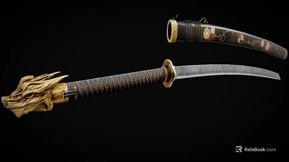 Ornate Traditional Japanese Katana Weapon With Golden Dragon Handle And Black Decorated Sheath 3d model 