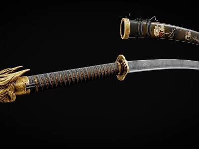 Ornate Traditional Japanese Katana Weapon With Golden Dragon Handle And Black Decorated Sheath 3d model