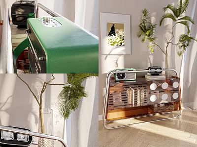 Elegant Ornament Decor Set With Vintage Radio Metal Trolley Green Leather Box And Potted Plant 3d model